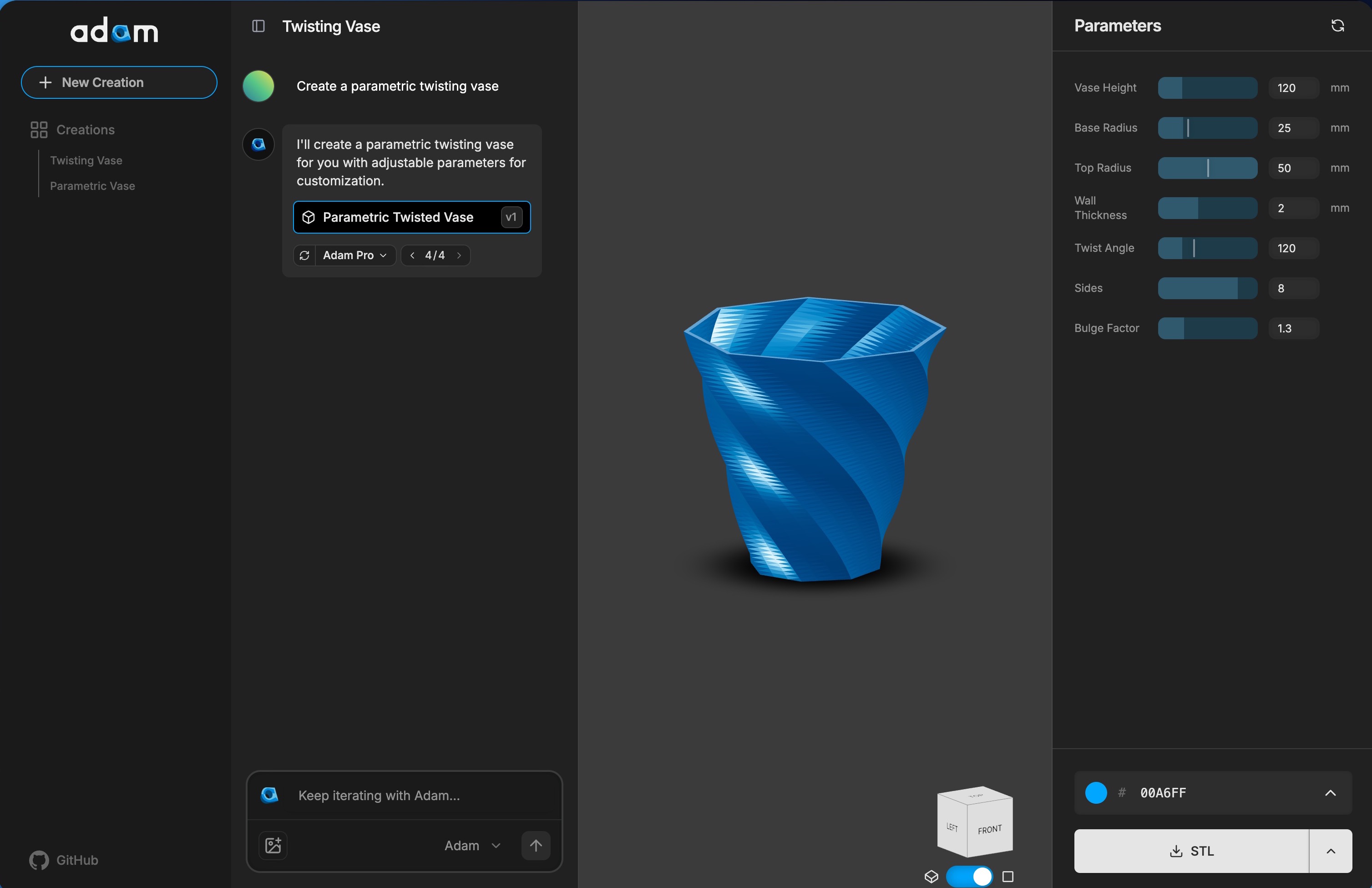 Adam open source text-to-CAD workspace preview