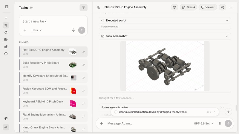Adam workspace showing a Fusion engine assembly task and a screenshot of the crankshaft assembly